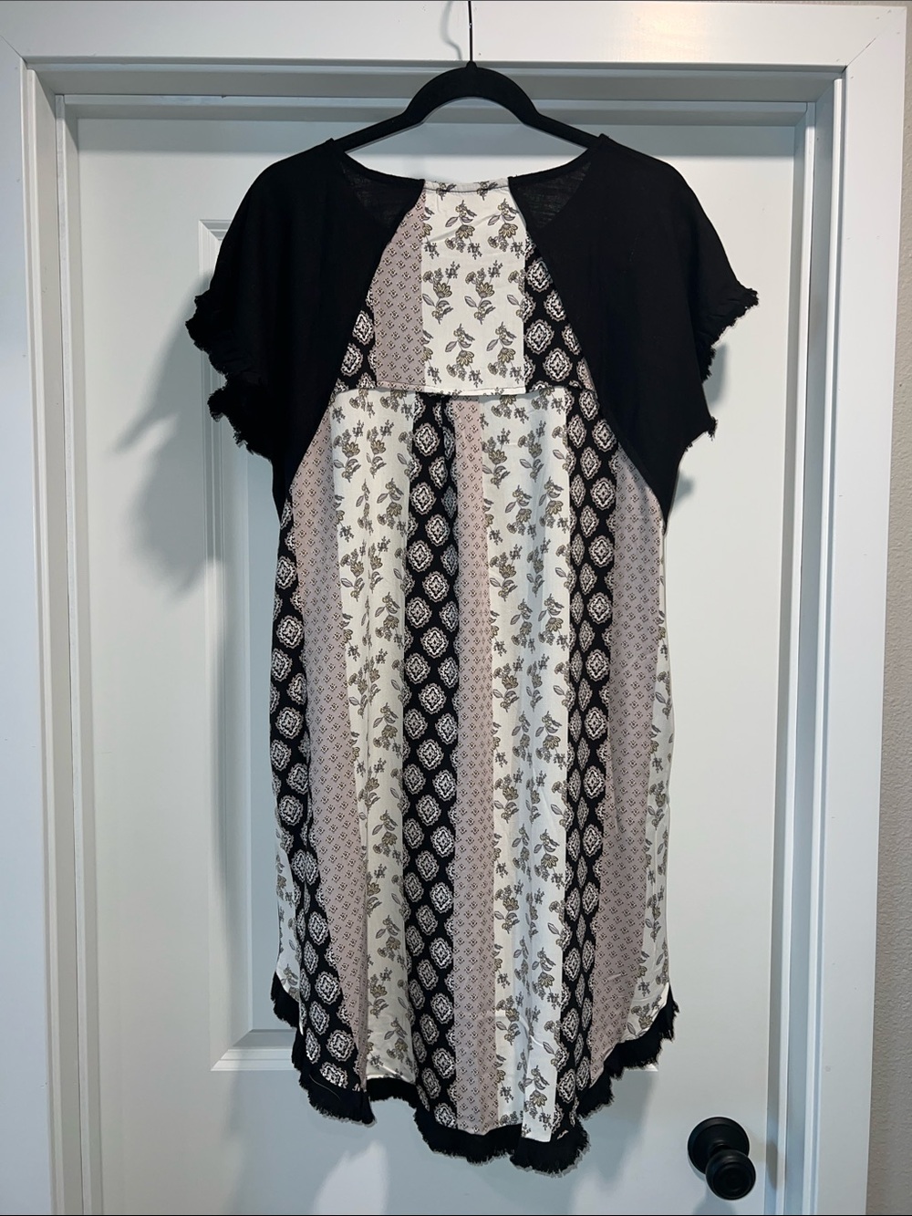 Umgee Black Linen Blend Mini Dress with Raw Trim Patchwork Back Size S